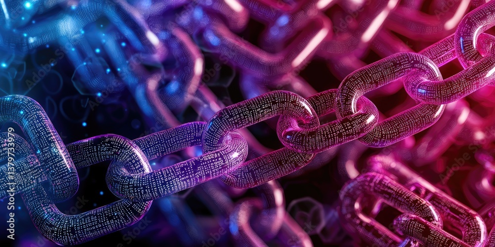 Poster A digital tapestry of encryption text and intricate chain links unfolds against a dark backdrop, symbolizing the complex and secure processes of data processing and cyber