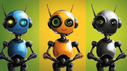 Obraz premium Three cute robots in blue, orange, and grey, standing against colorful backgrounds.