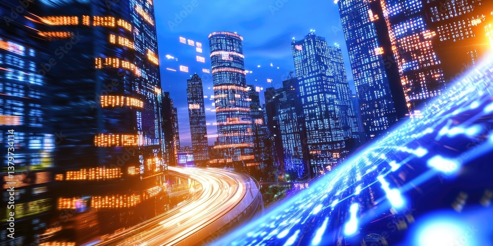 Poster A futuristic cityscape unfolds, where a sleek, digital highway path snakes through towering, binary-infused structures, symbolizing the interconnectedness of big data and