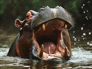 Fototapeta premium Hippo Opening Mouth Wide in Water with Visible Teeth and Tongue
