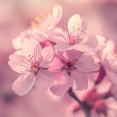 Obraz premium Delicate pink sakura flowers in full bloom on a blurred background. atmosphere of tenderness, harmony and romance. for design, advertising, postcards, backgrounds. close-up