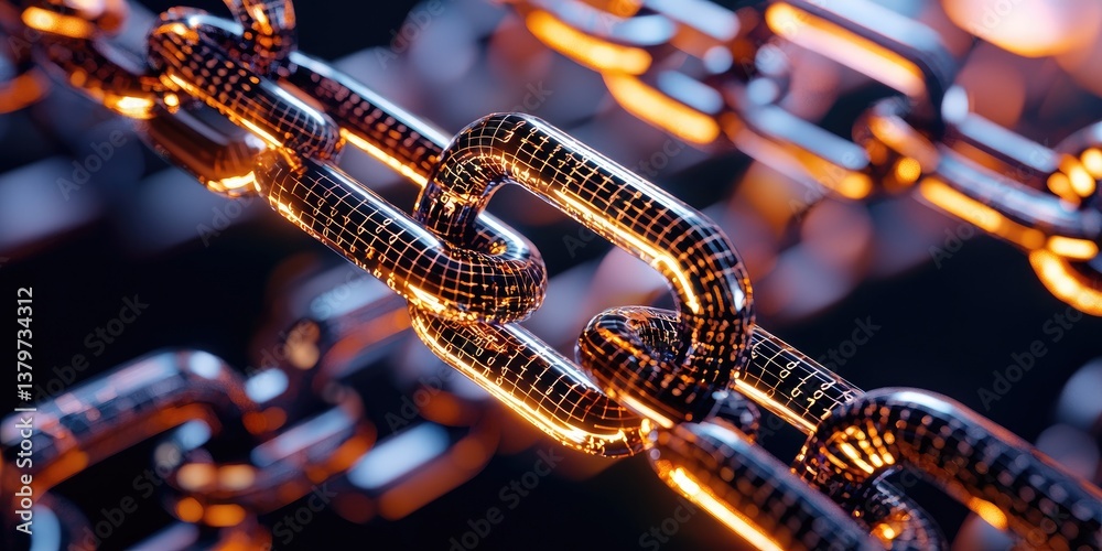 Poster A digital tapestry of encryption text and intricate chain links unfolds against a dark backdrop, symbolizing the complex and secure processes of data processing and cyber