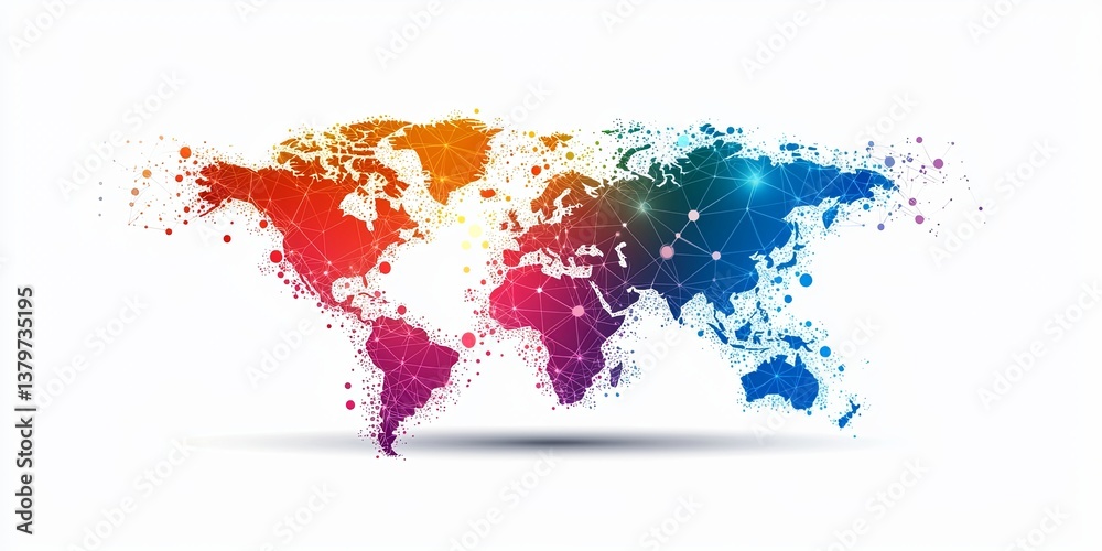 Poster a global network, a world map painted with vibrant dots and lines, symbolizing the interconnectednes