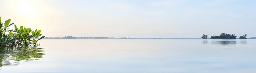 Obraz premium A serene landscape featuring calm waters, distant islands, and lush vegetation near the water's edge, creating a peaceful and tranquil scene.