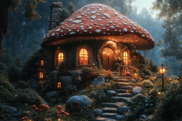 Enchanted mushroom house surrounded by lush forest in the twilight glow