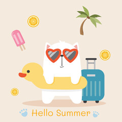 Cute cat wear sunglasses and swim rubber ring concept summer traveling illustration decorate by luggage palm trees popsicle ice cream and lemon beach vacation cartoon style. Flat design for children.