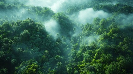 Obraz premium Lush Green Tropical Rainforest Aerial View with Misty Morning Sunlight