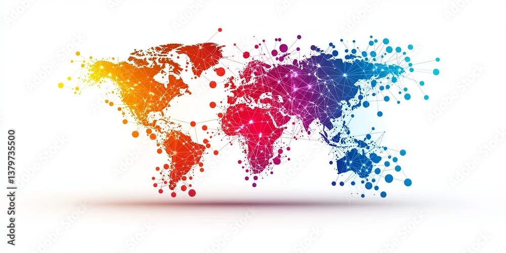 Poster a global network, a world map painted with vibrant dots and lines, symbolizing the interconnectednes