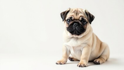 Solo pug, crisp white backdrop Perfect for pet themes , face, ears, pug