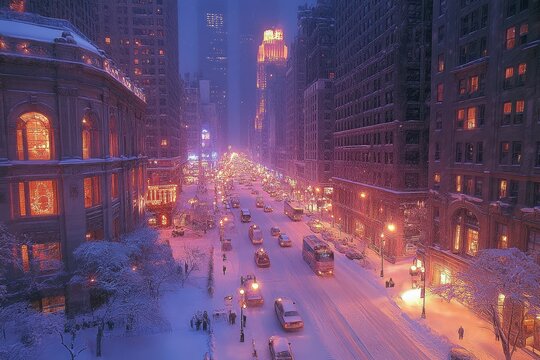 Fototapeta Winter night in the city with snow-covered streets and glowing lights