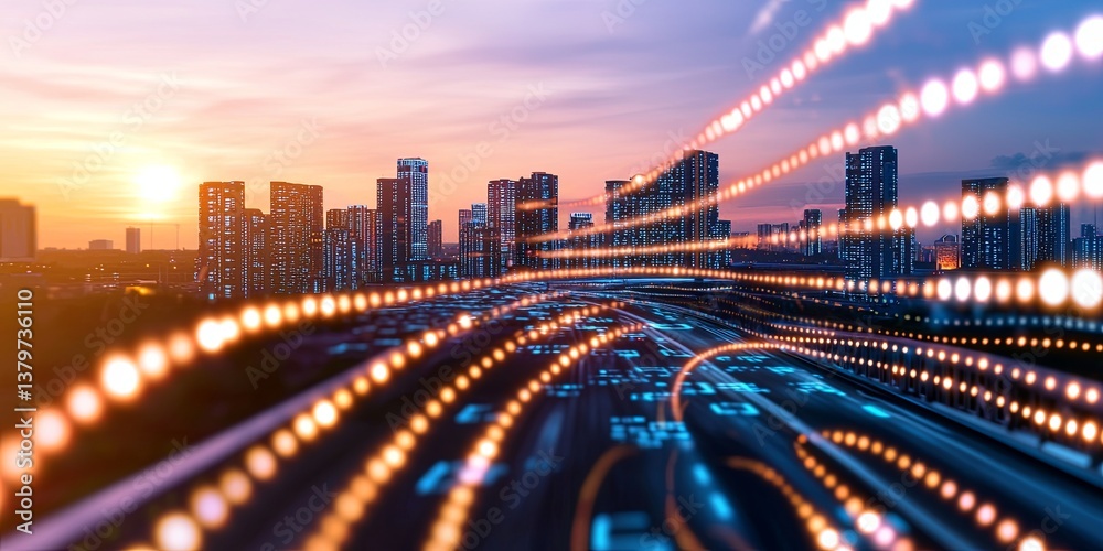 Poster a futuristic cityscape, its sleek skyscrapers adorned with glowing streaks that symbolize the city s