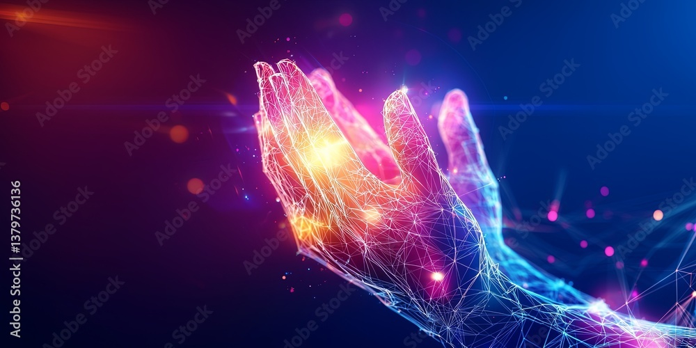 Poster A vibrant low-poly wireframe depicting hands clasped in unity against a deep blue backdrop, symbolizing collaboration and support towards a common goal. The scene is rend