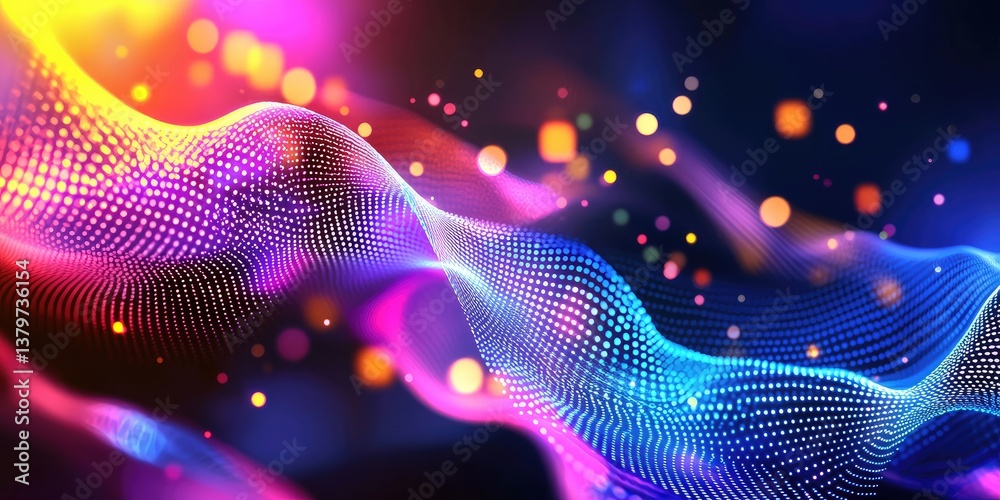 Fototapete A vibrant digital wave of particles, forming a futuristic point wave against a deep, futuristic background, perfect for use as a technology background in vector illustrat