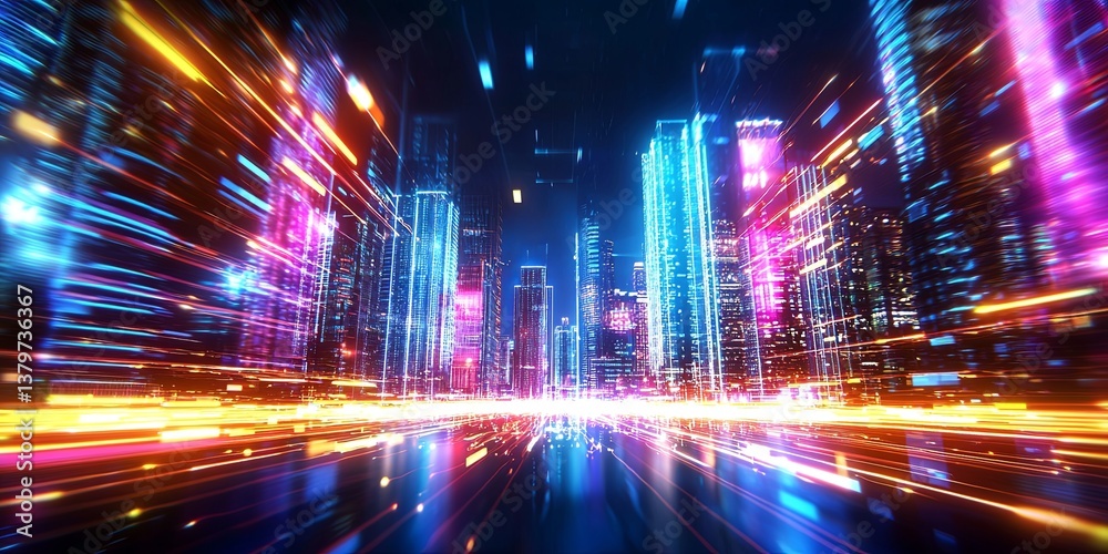 Poster a futuristic cityscape, its sleek skyscrapers adorned with glowing streaks that symbolize the city s