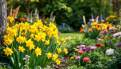 Obraz premium Blooming Daffodils and Colorful Flowers in a Lush Garden Setting