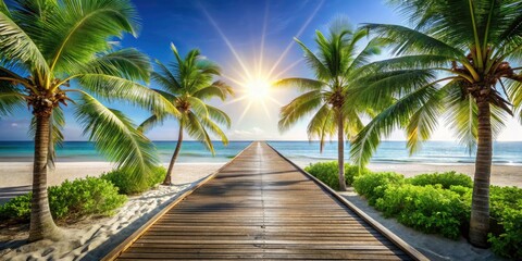 Silhouette Photography: Tropical Beach Sunset, Wooden Path, Palm Trees, Sun, Ocean, Paradise