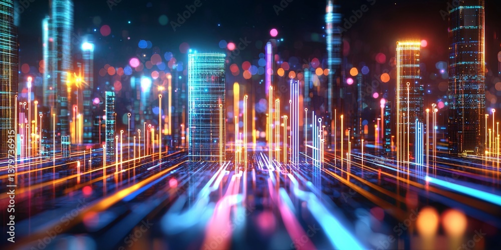 Poster a futuristic cityscape, its sleek skyscrapers adorned with glowing streaks that symbolize the city s