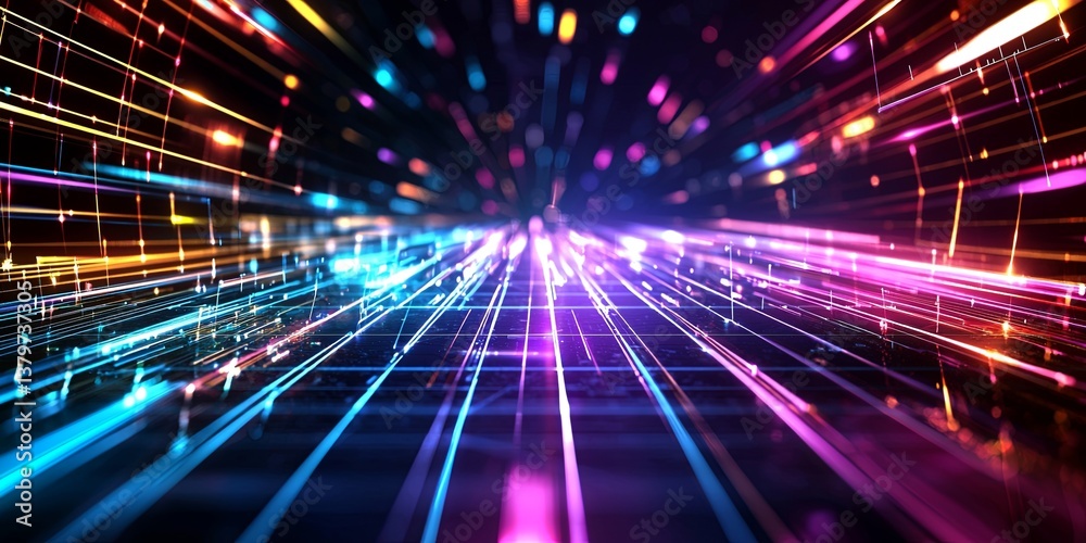 Poster A dynamic, abstract wireframe backdrop pulsating with vibrant hues, hinting at futuristic technology and scientific marvels. A surface-level illustration, rendered as a v