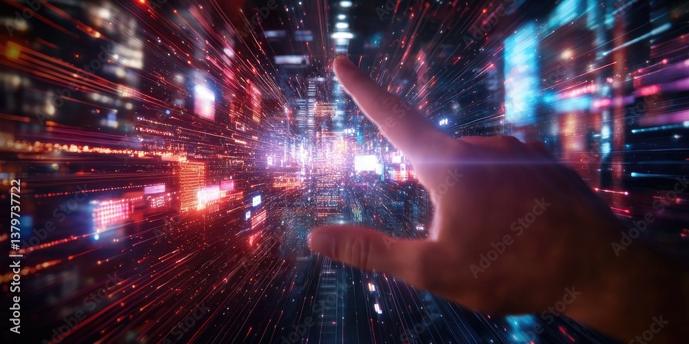 Poster a futuristic cityscape, where data streams like veins of a digital network, converge to form a globa