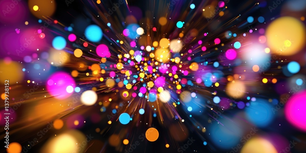 Poster A vibrant digital canvas explodes with a kaleidoscope of colorful particles, their forms shifting and swirling in a mesmerizing wave of light and bokeh, creating a breath