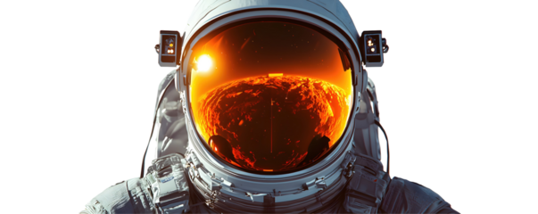Astronaut in Space with Fiery Planet and Sun Reflection on Helmet