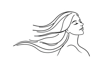 Elegant Womans Profile, Long Hair Blowing in Wind, Line Art