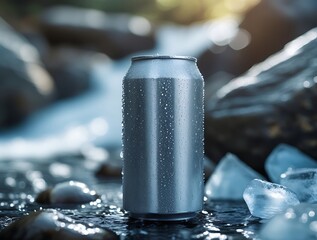 Close-up of a blank silver can with condensation, surrounded by ice and river rocks, ideal for refreshing drink promotions, packaging design, product placement, and marketing



