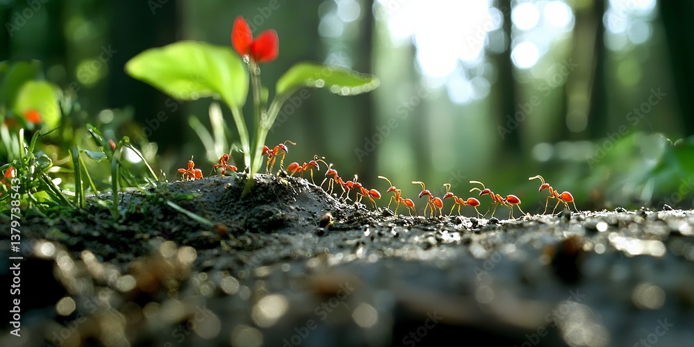 Poster a symphony of tiny workers, ants of varying sizes and hues, united in a common goal: constructing a 