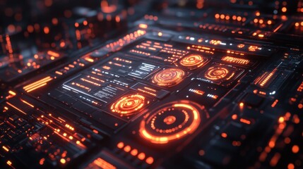 Obraz premium Futuristic Technology Interface Glowing Orange HUD Display with Digital Circuits and Data Streams