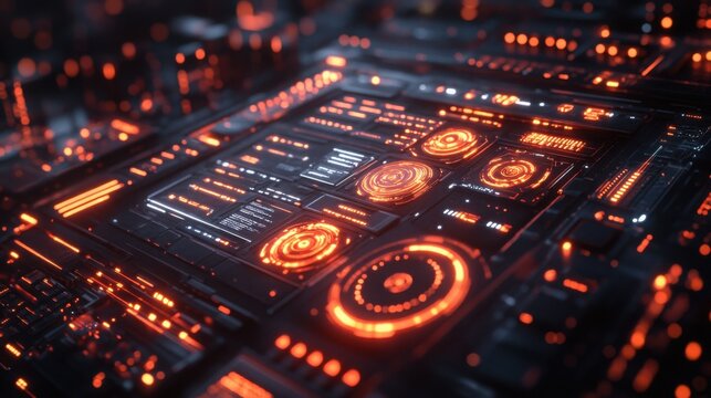 Futuristic Technology Interface Glowing Orange HUD Display with Digital Circuits and Data Streams