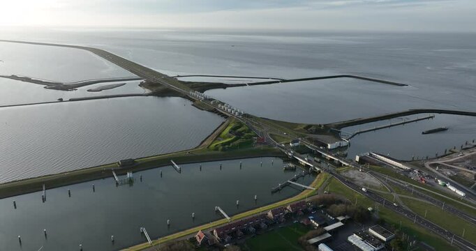 Lorentz locks, water way, transportation infrastructure at the Afsluitdijk, Kornwerderzand, Friesland, The Netherlands. Aerial drone view.