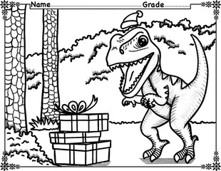 Tyrannosaurus was happy when he saw the gift box. Christmas  Coloring page, activity for kids, preschool, kindergarten and homeschool , fit for 8.5”x11” size