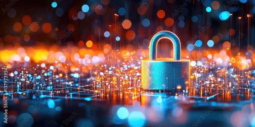 Poster a vibrant orange and blue padlock, a symbol of robust cybersecurity, stood defiant against a backdro