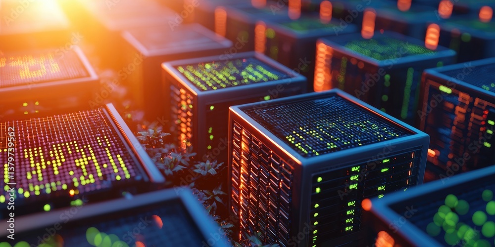 Aufkleber a sleek, isometric server farm, its servers hummed with digital energy as they connected to the vast