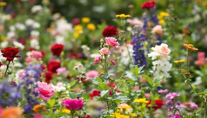 Obraz premium Blooming Flower Meadow with Roses and Wildflowers in Sunlight