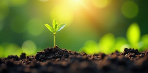Tiny sapling emerges from soil amidst sunlight filter, green, soil, nature