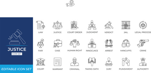 Justice line icon set.