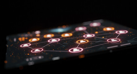 digital representation of a social network or interconnected system, displayed on a flat, angled surface against a dark background