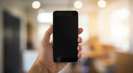 a close-up of a hand holding a modern smartphone with a blank black screen