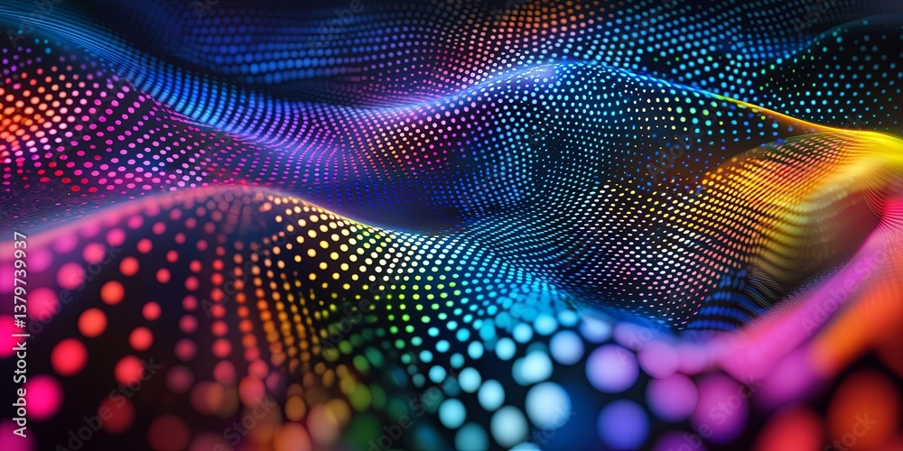 Poster A vibrant tapestry of dots interlaced with a gradient line, forming intricate wave patterns that symbolize the interconnectedness of the global community, data streams, a