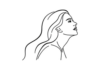 Elegant Woman Profile Line Art Drawing, Long Hair, Side View