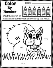 Color By Number from addition and subtraction within twenty  with chipmunk , activity for kids, preschool, kindergarten and homeschool , fit for 8.5”x11” size