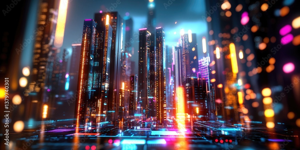 Aufkleber a futuristic cityscape, where intricate lines of digital data, like shimmering veins, crisscross the