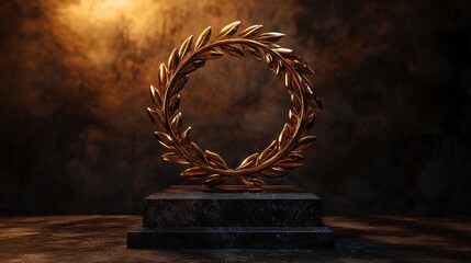 A golden laurel wreath sits atop a marble pedestal proudly