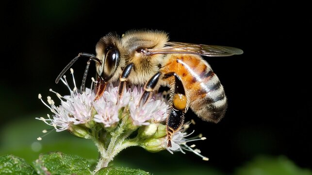 A close-up of a honeybee pollinating a flower in a sunlit meadow, emphasizing biodiversity with room for promotional messages ,