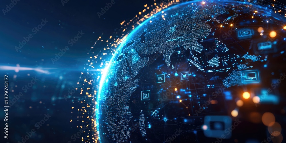 Poster a digital planet earth, its surface a kaleidoscope of interconnected tech devices and icons, symboli