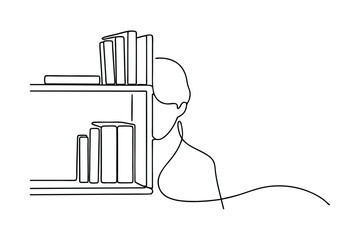 One Line Drawing Person Reading Bookshelf Library Study Knowledge © pankajkumar
