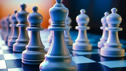 Close-up view of a chessboard with white pawns and a king in focus, set against a vibrant sunset background