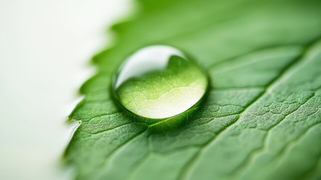 A close-up of a water droplet on a green leaf, captured with sharp focus and soft natural lighting, leaving room for branding messages , - Powered by Adobe