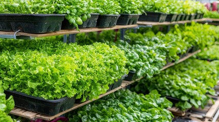 A vibrant vertical farm with stacked shelves of lush greens, symbolizing urban agriculture with generous margins for captions ,
